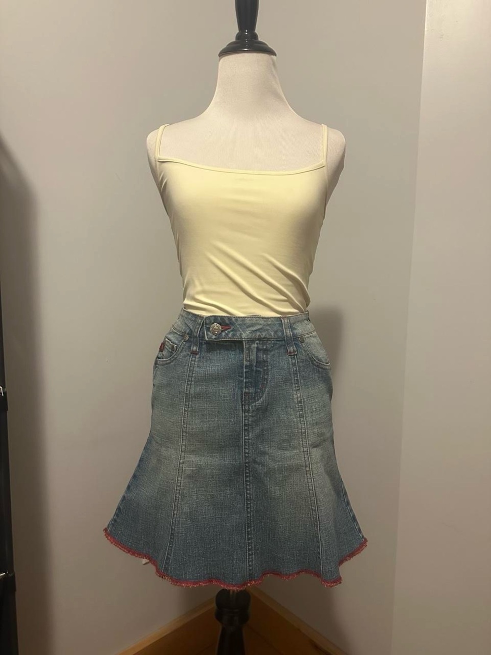 YMI Light Blue Denim A-Line Skirt with Red Frayed Hem